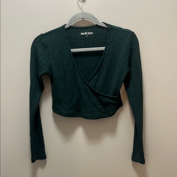 Harlow Green Ribbed Crop Wrap Blouse - Picture 3 of 4
